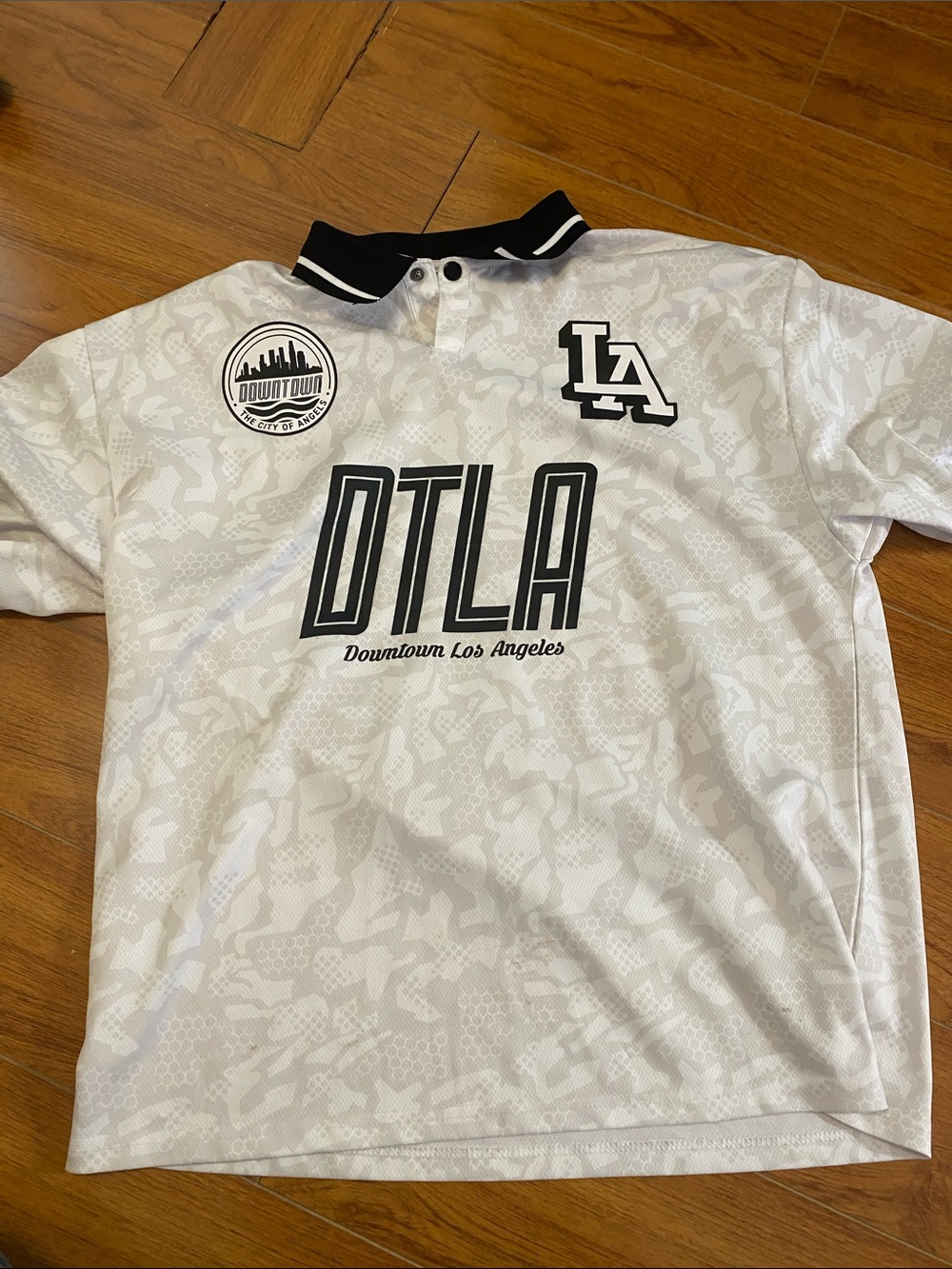 Urban Planet White Polo with Black DTLA Graphics